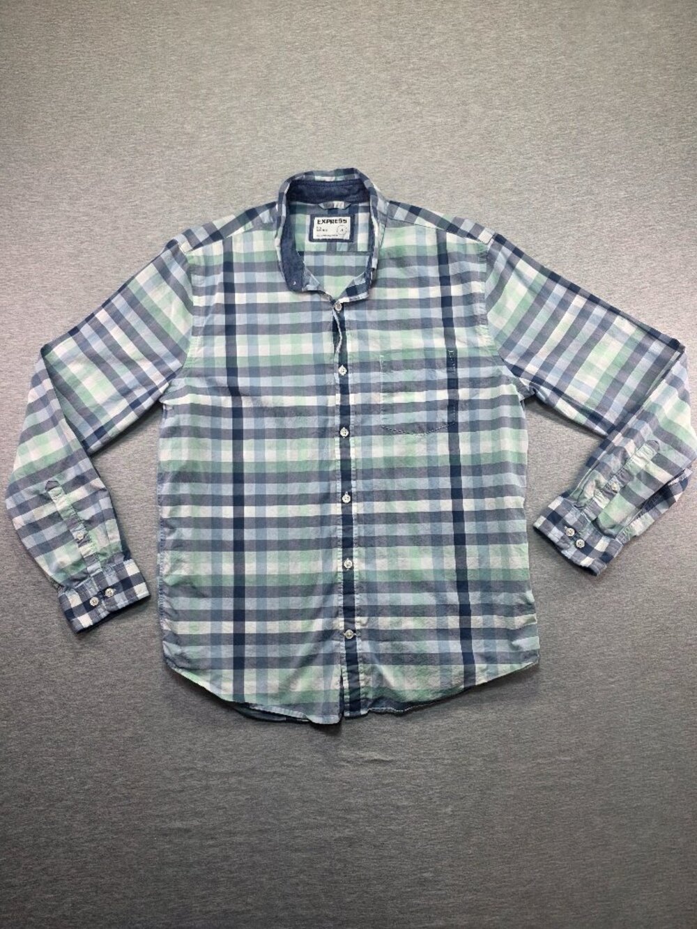 Express Slim Soft Wash Plaid Button-Up Shirt Green Blue Large